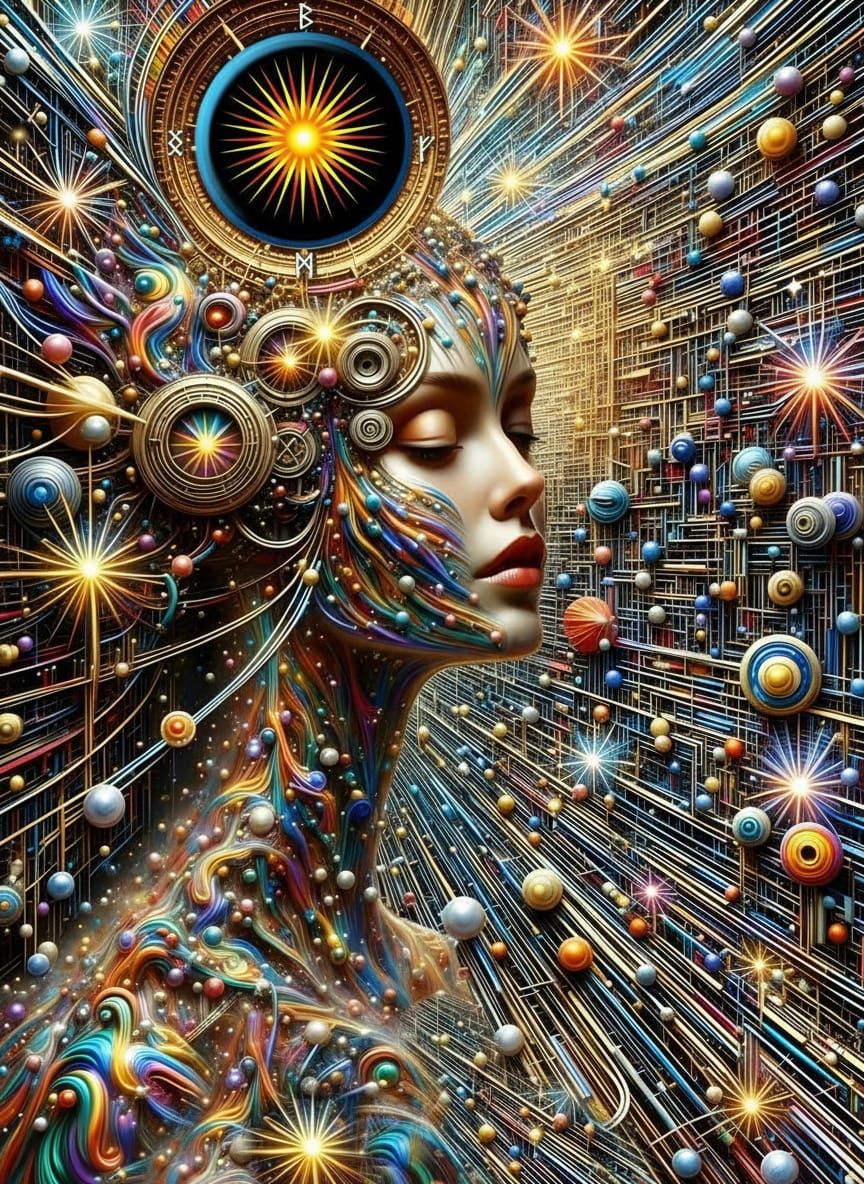 Woman Contemplating Atoms and Suns in Photorealistic Style