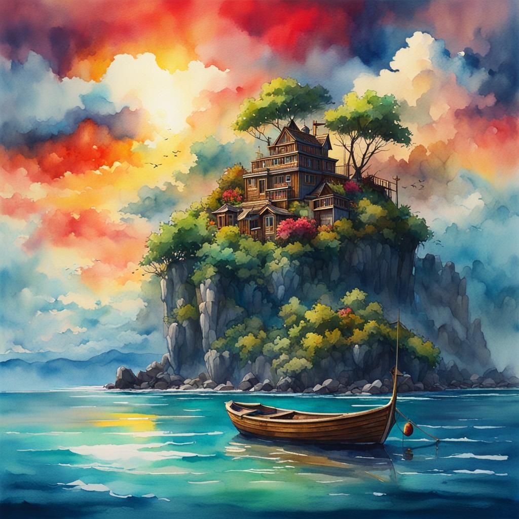 Fantasy Island Watercolour Painting with Boat