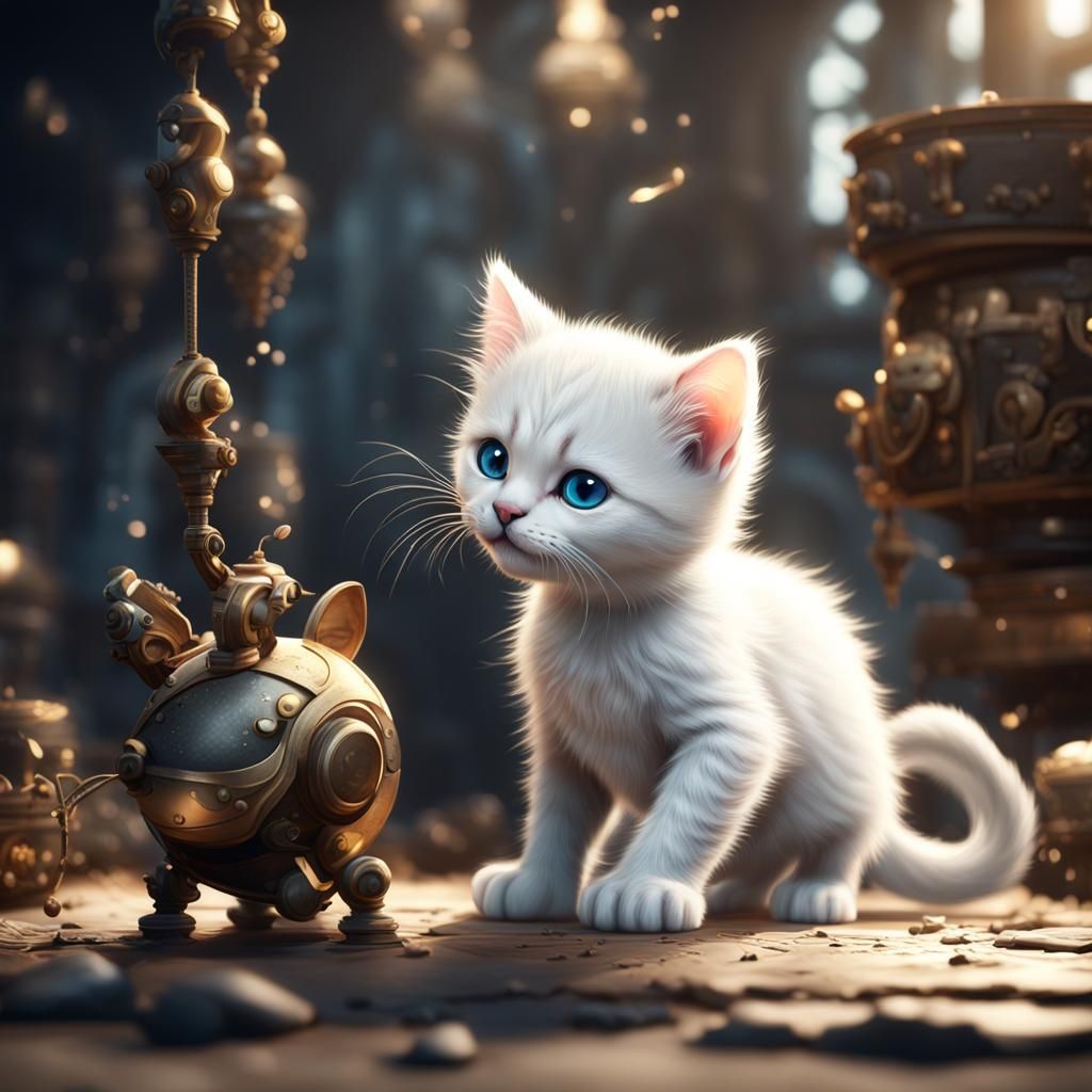 White Kitten and Mouse in Detailed Fantasy Art