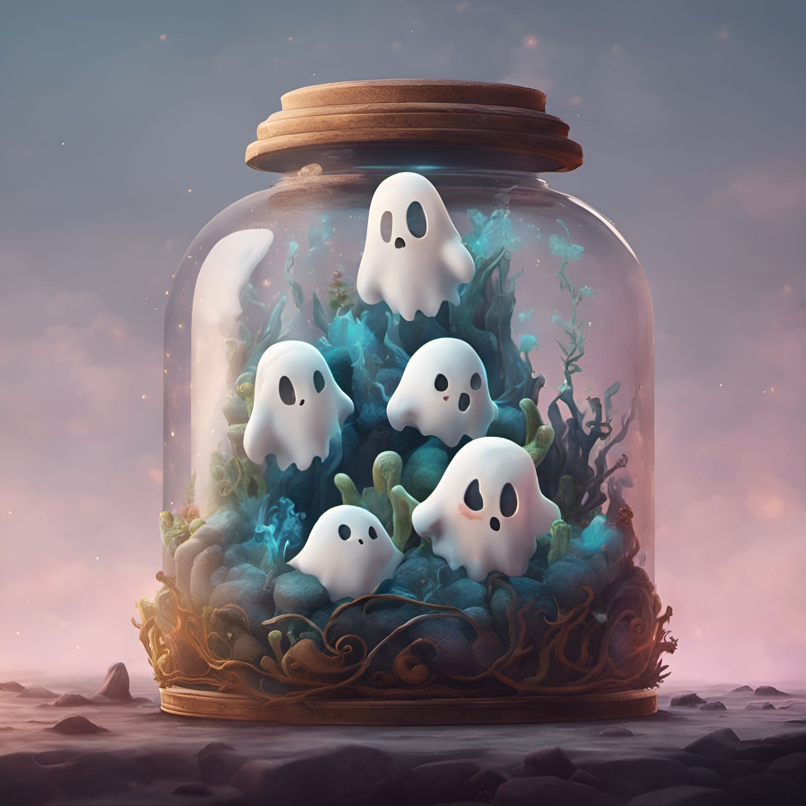Cute Ghosts in Bottle Terrarium: Digital Art