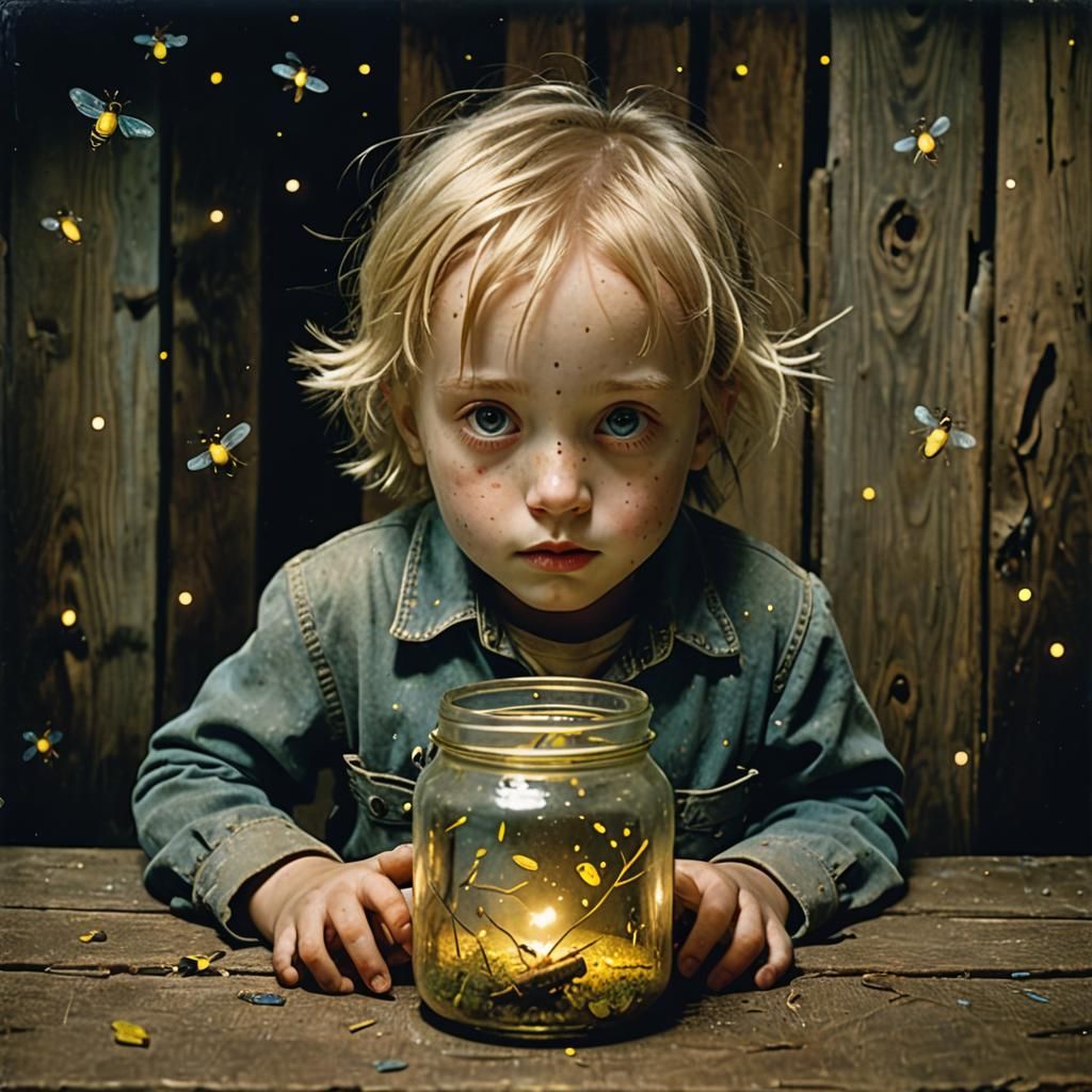 Child Observes Fireflies in Mason Jar, Tim Burton Style