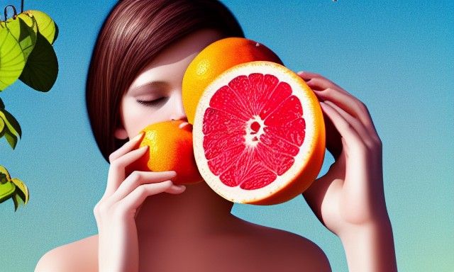 Woman Eats Grapefruit in Sunny Orchard