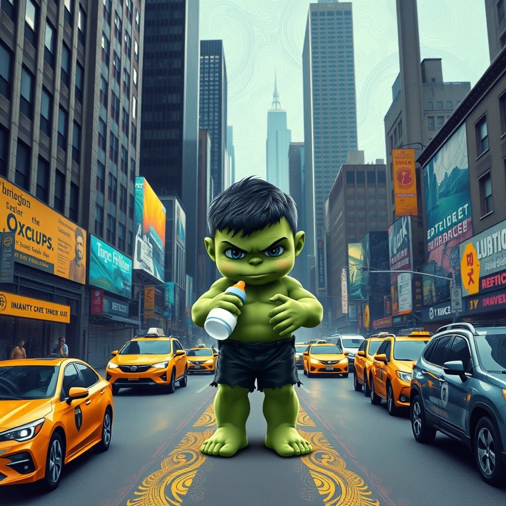 Baby Hulk in Cyberpunk New York City Scene with Impasto Text...