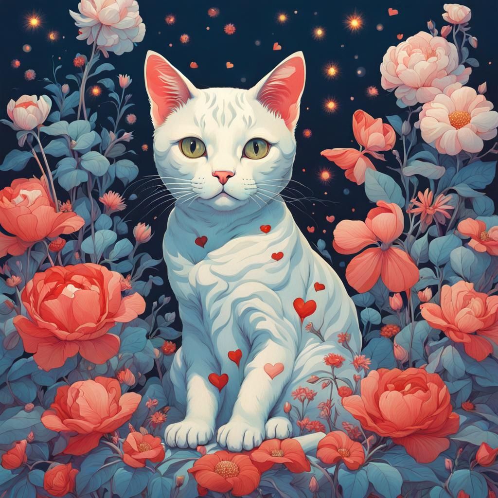 Cute Cat Surrounded by Flowers in Ethereal Style