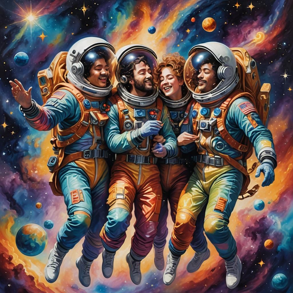 Joyful Space Celebration: A Surreal Oil Painting