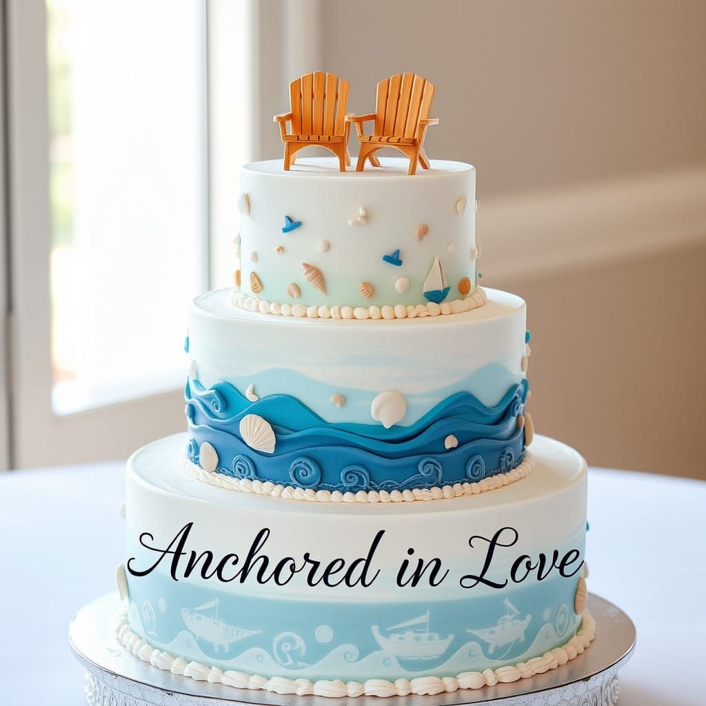 Surreal Nautical Wedding Cake in Soft, Natural Light