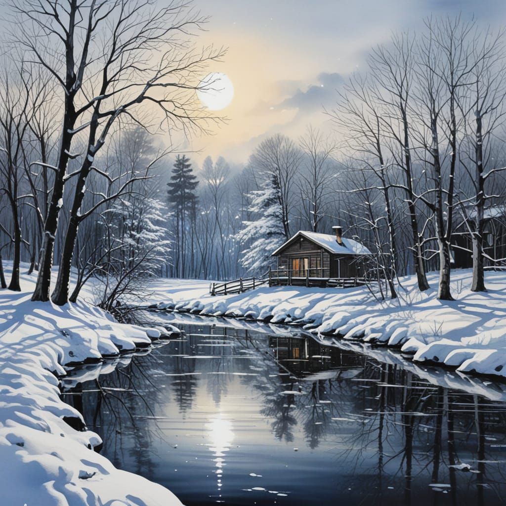 Breathtaking Winter Scene Ink Painting