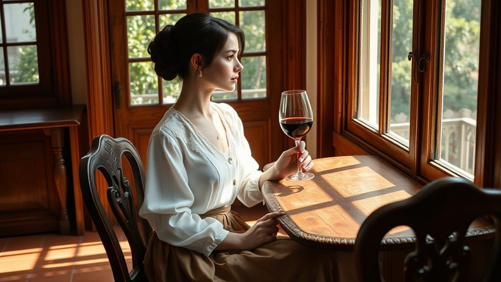 Elegant Woman in Sunlit Room, Refined Portrait