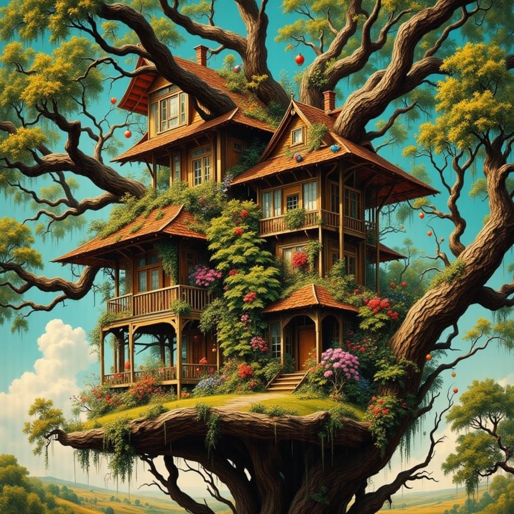 Surreal Treehouse Blends into Twisted Diamond Background