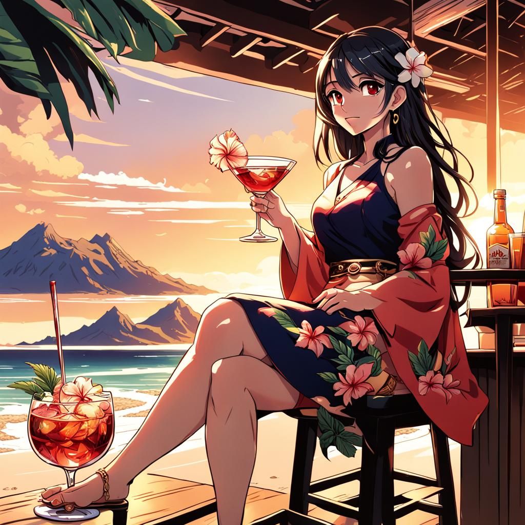 Tropical Cocktail with Hibiscus in Anime Style