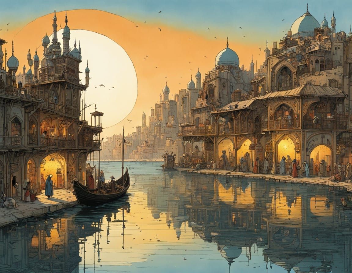 Arabian Ruins Silhouetted in Sunset Reflected Lake