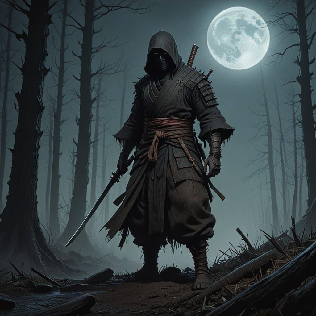 Sekiro Shinobi Battles Under Moonless Night in Dark, Express...
