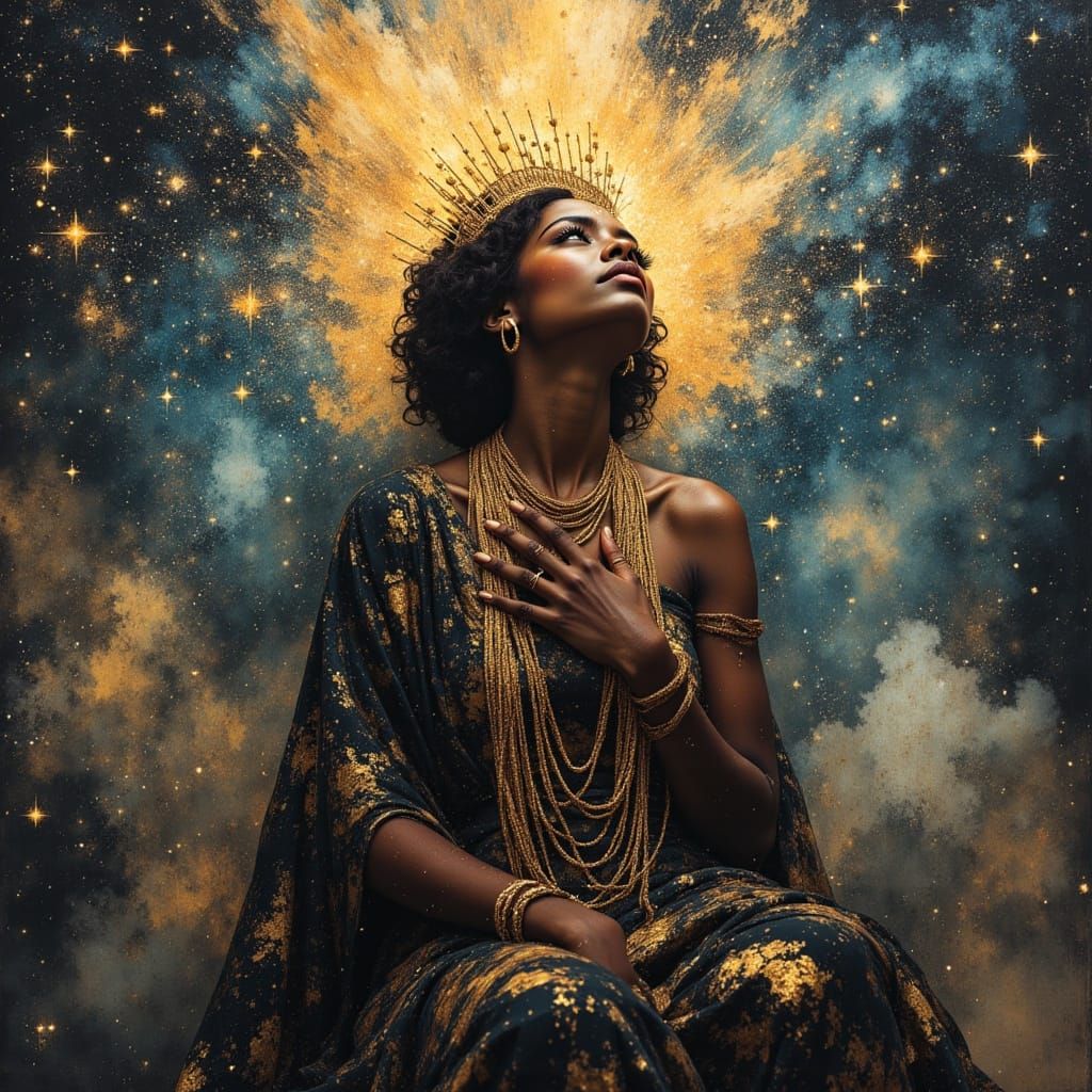 Majestic Queen Crowned With Starlight in Cosmic Throne