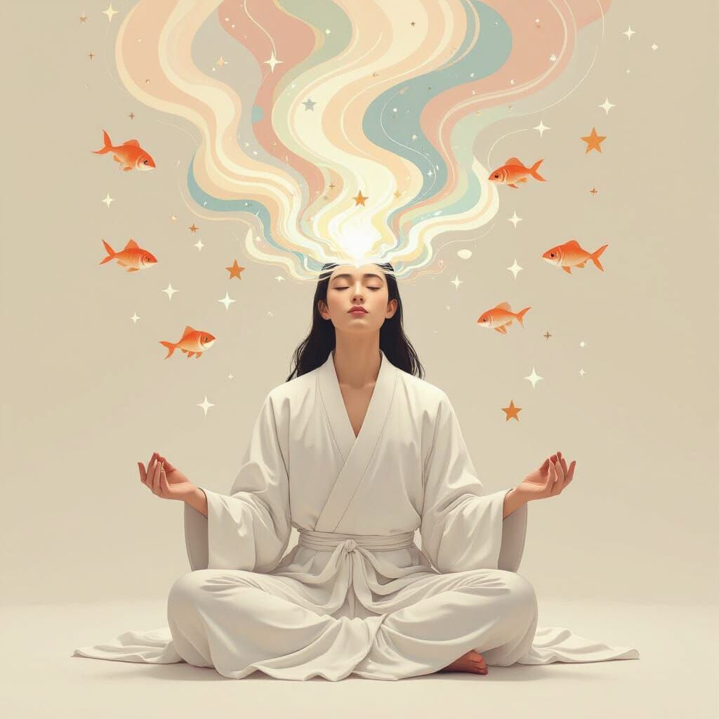 Meditating Person with Dreamlike Visuals in Surreal Style