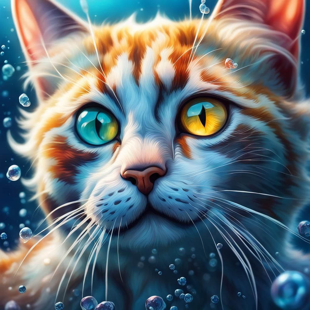 Mystical Cute Cat in Deep Sea, Splash Art