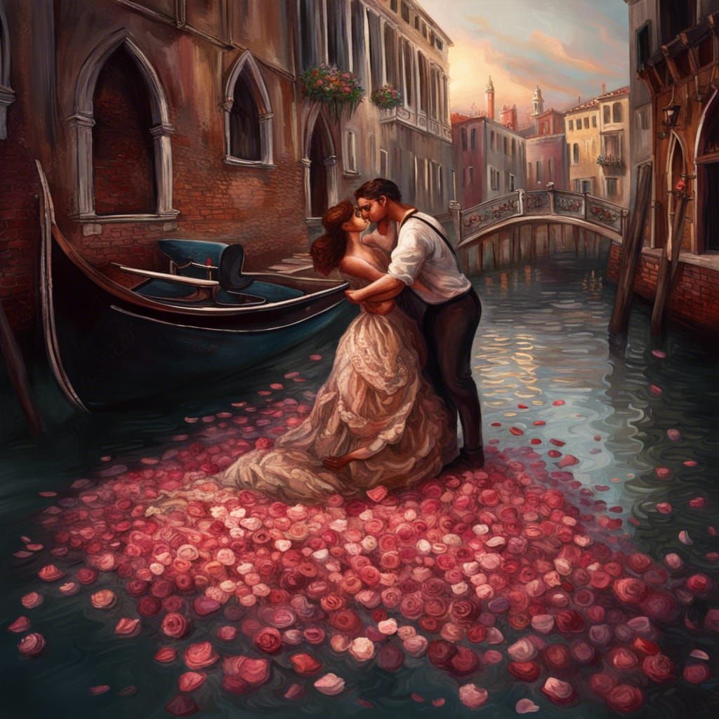 Venice Romance: Impressionistic Roses and Embracing Couple