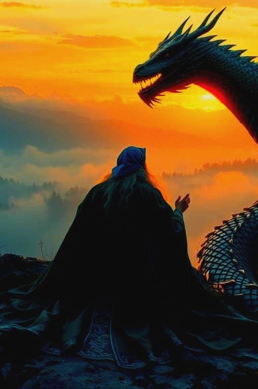 Majestic Wizard and Dragon in Contemplative Pose
