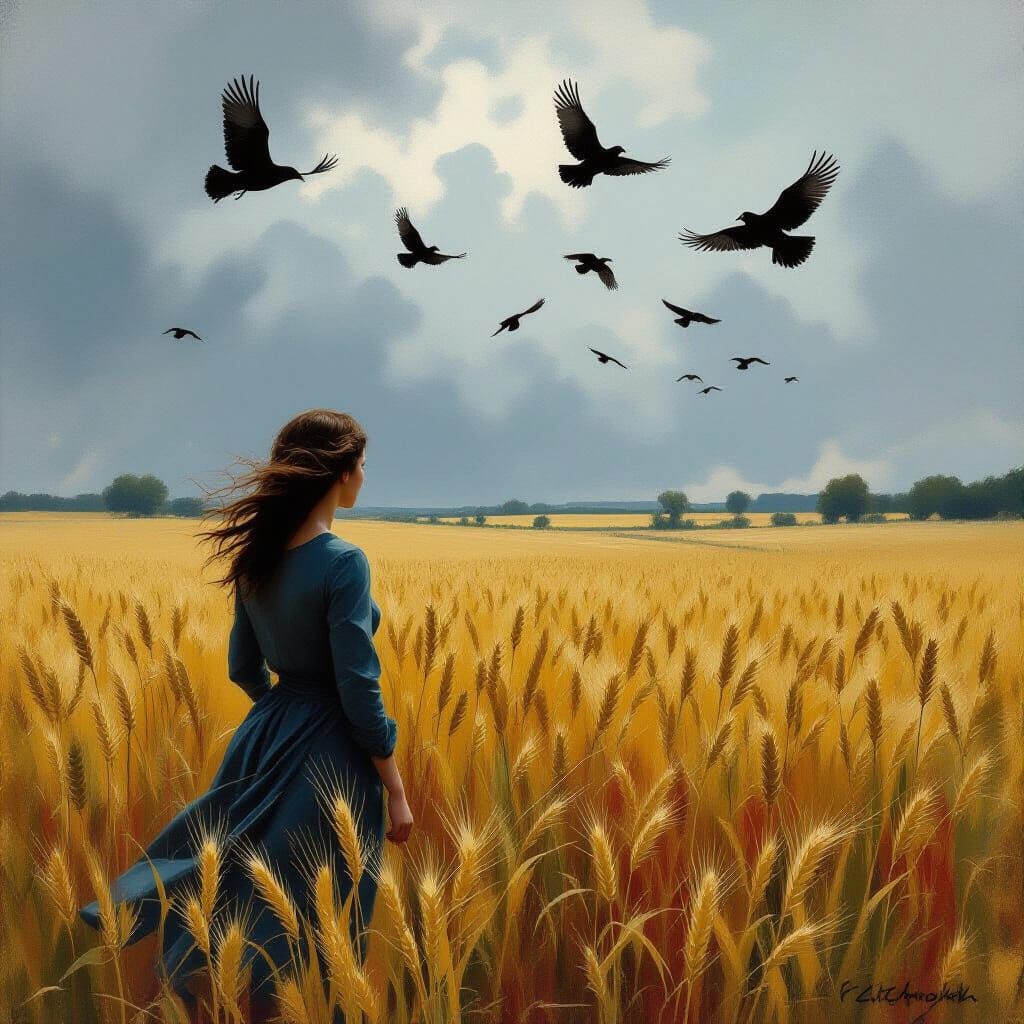 Wheatfield Woman with Crows: Dark Surrealist Impression