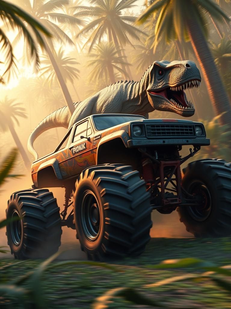 Dinosaur Chases Monster Truck in Jungle, CGI Render