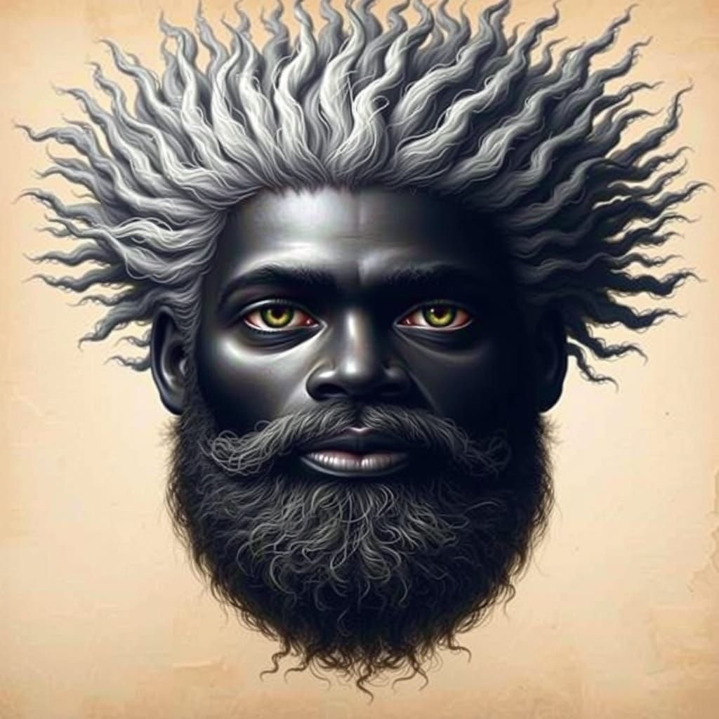 Man's Portrait with Dark Skin, White Hair, and Beard on Parc...