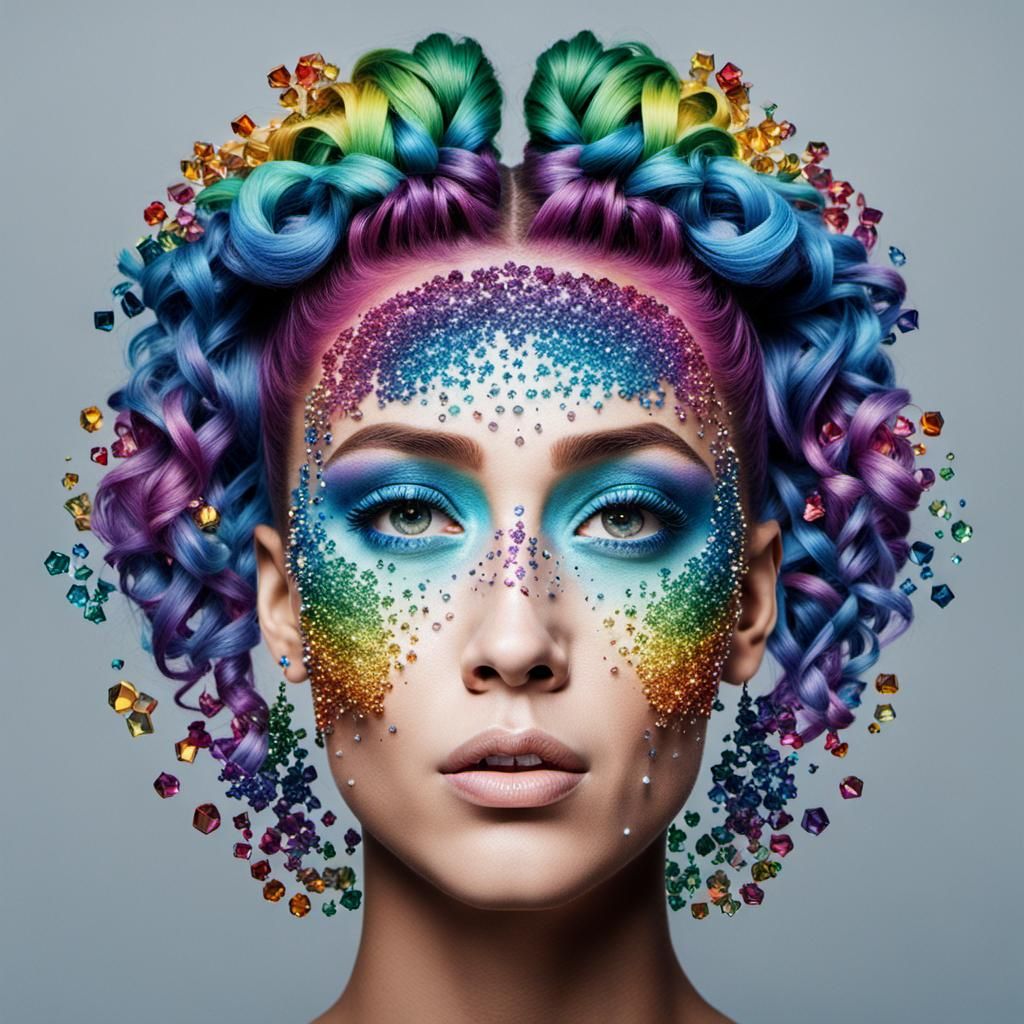 Woman's Portrait with Rainbow Crystal Hair