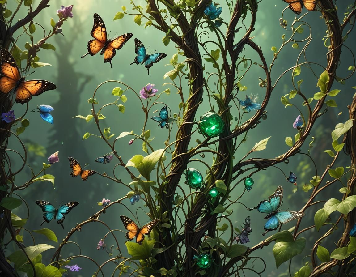 Fantastical Nature Staff with Vines and Flowers