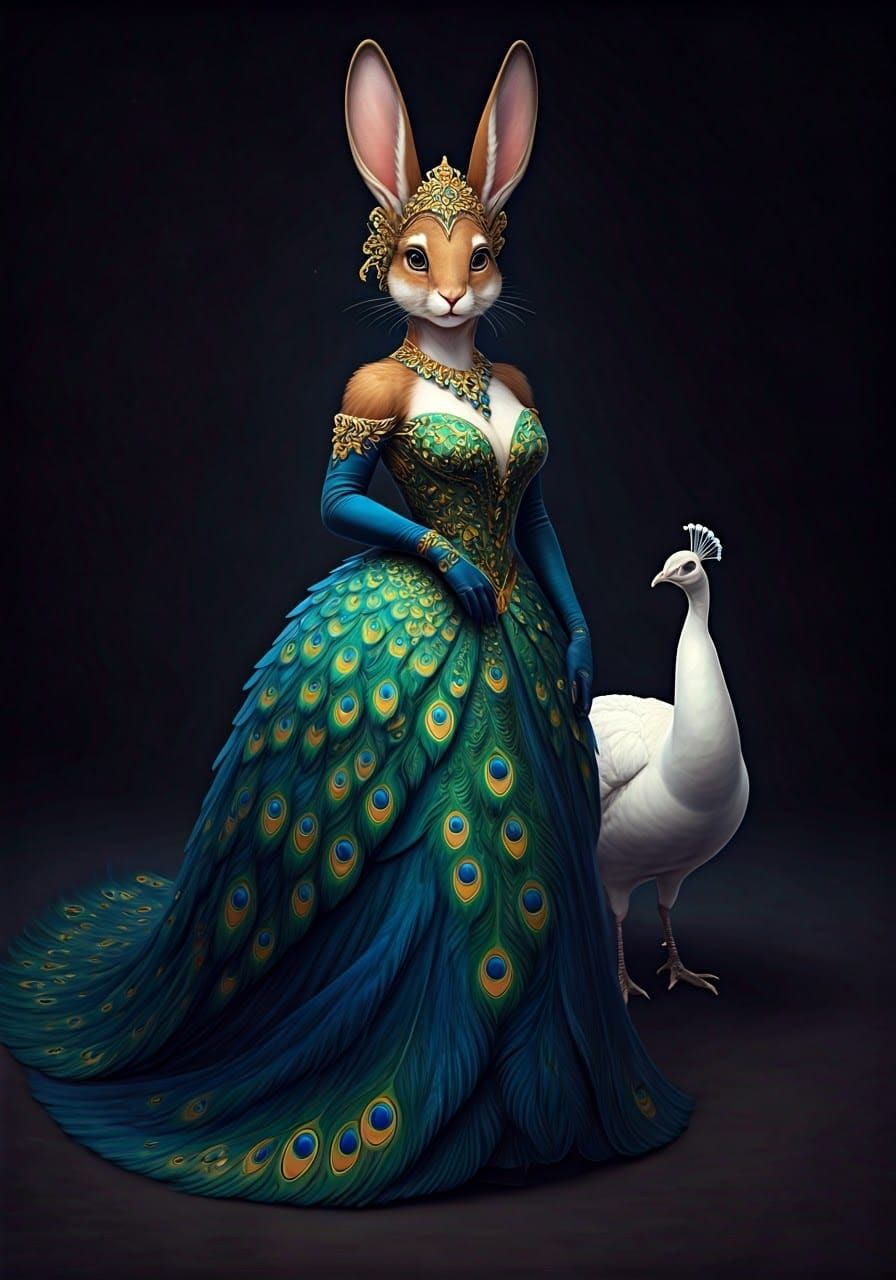 Glamorous Furry Lady Rabbit in Peacock Gown