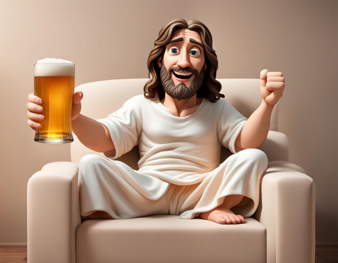 Cartoon Jesus Cheers with Beer and Foam Hand