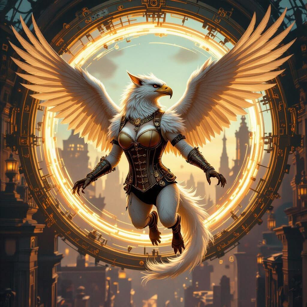 Steampunk Gryphon Soaring Through Victorian Cityscape