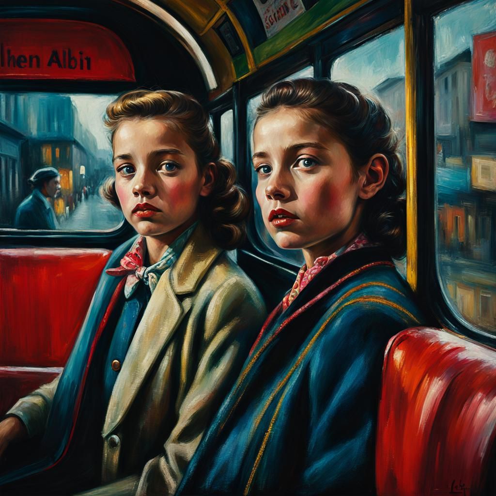 1950s Ladies Ride Bus in Expressionist Oil Painting