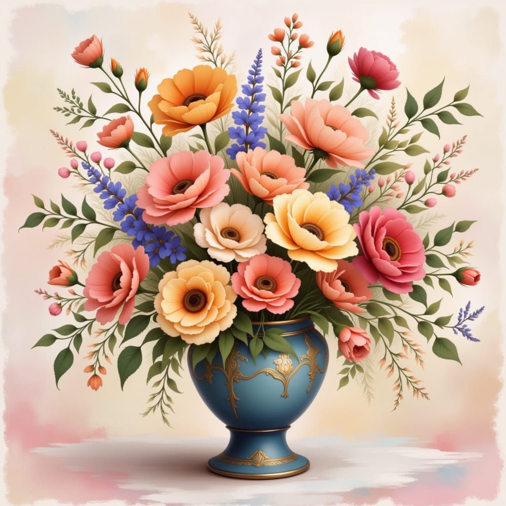 Impressionistic Floral Still Life in Folk Art Nouveau Style