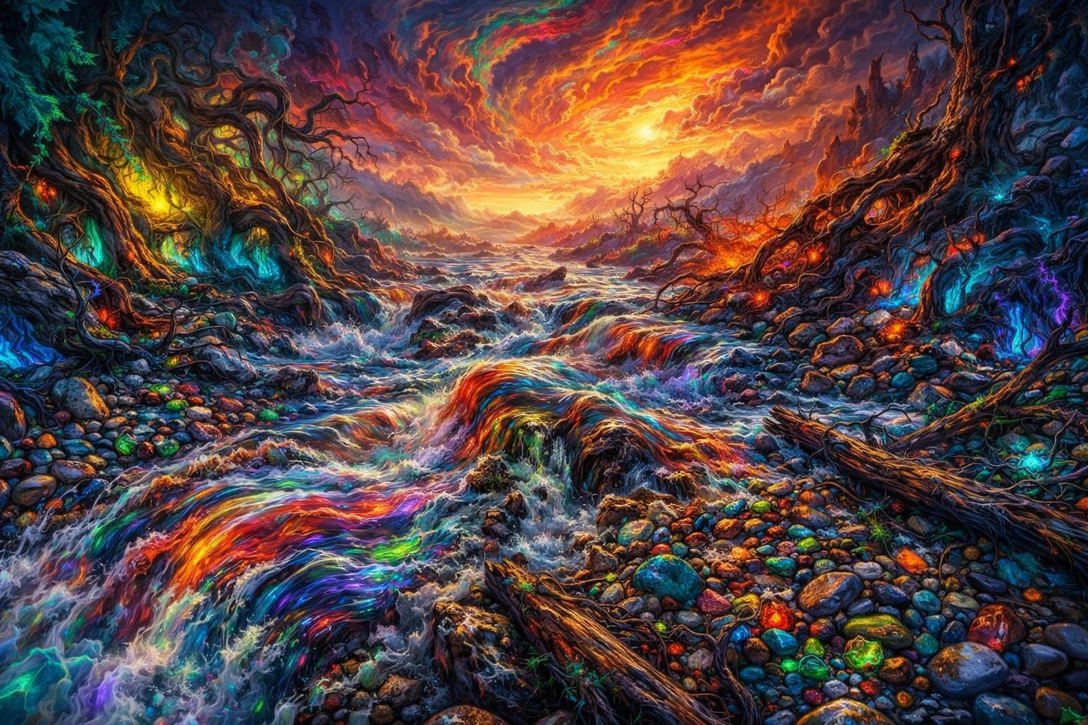 Vibrant Surreal River World with Dramatic Lighting