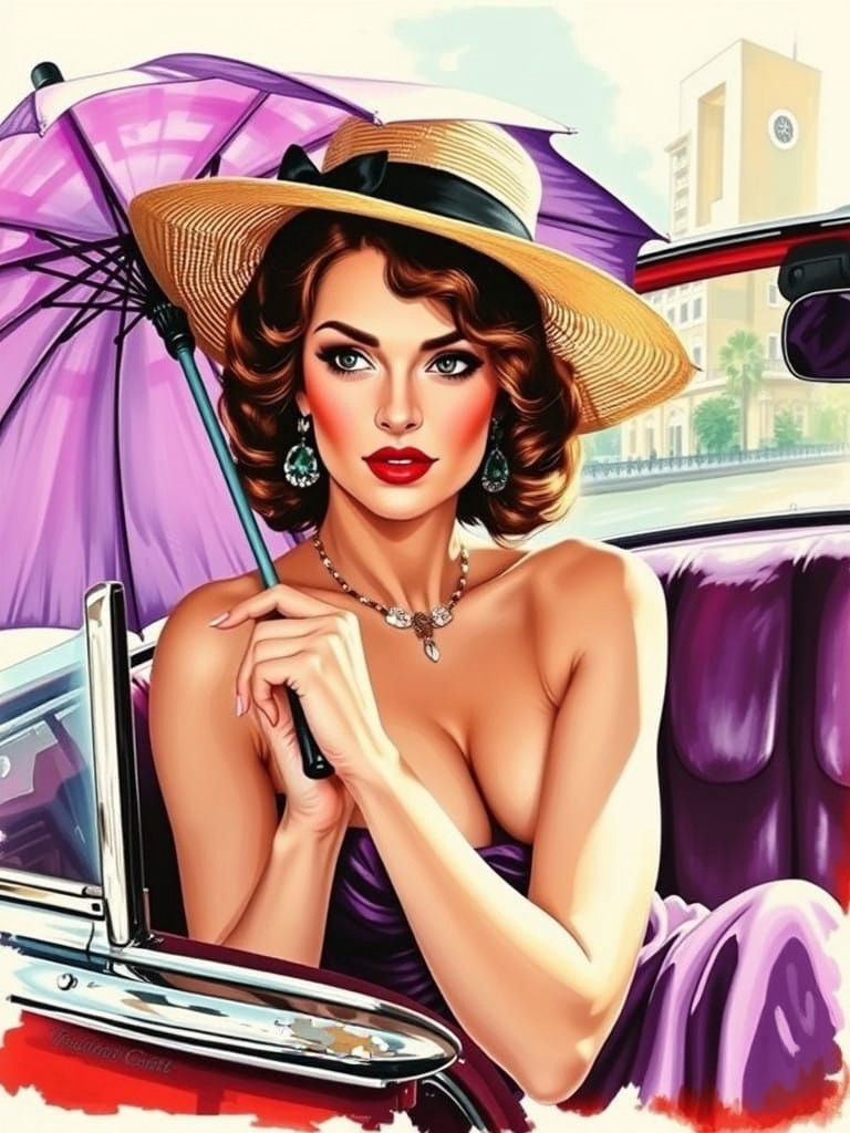 Glamorous Woman Rides in Vintage Cadillac, in Art Nouveau St...