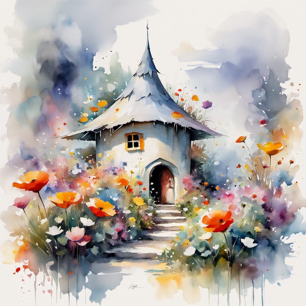 Pixie House Hidden Among Flowers in Watercolor Style