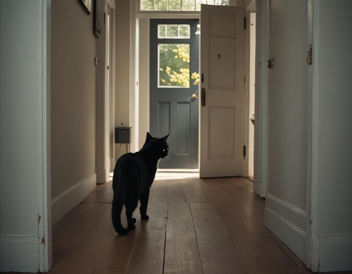 Dramatic Backlit Cat Walking Towards Open Door
