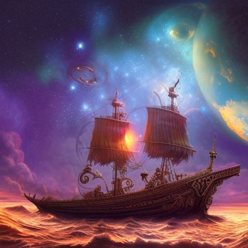 Ghost Pirate Ship Sails Through Fantasy Galaxy