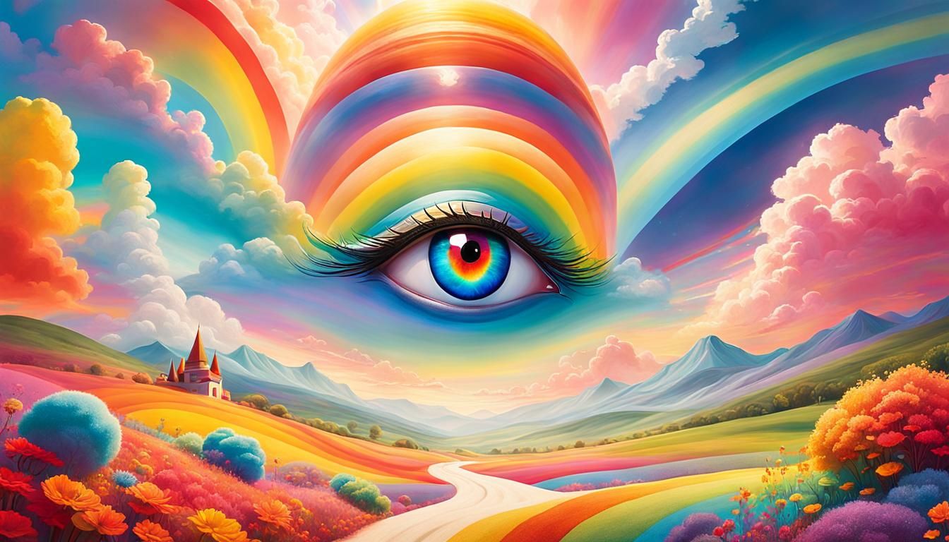 Mystical Being with Rainbow Eyes in Surreal Landscape
