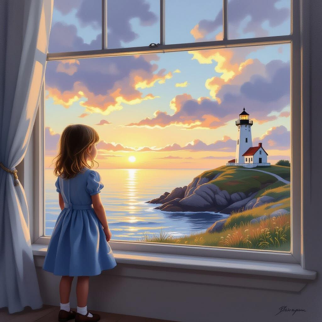 Girl Gazing at Lighthouse Sunset, Realistic Style