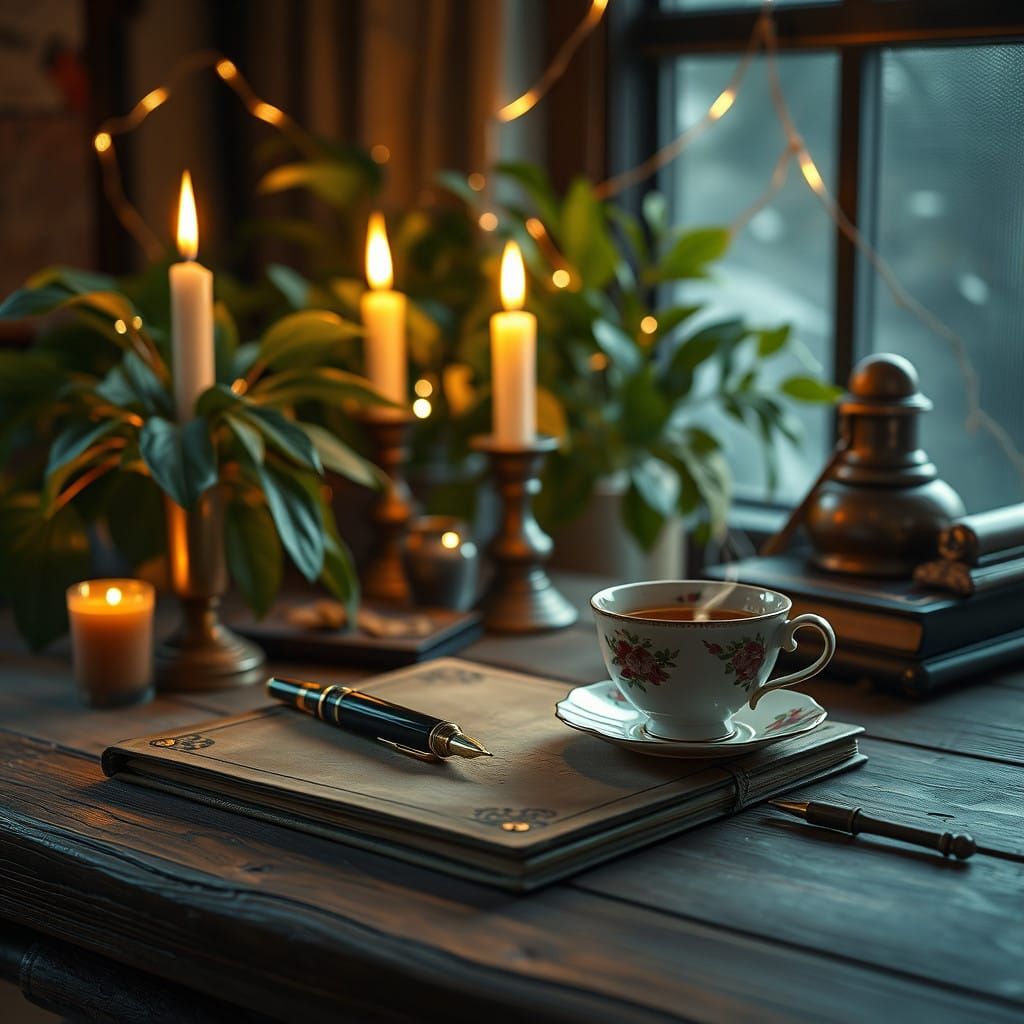 Serene Workspace with Leather Journal and Steaming Tea, in E...