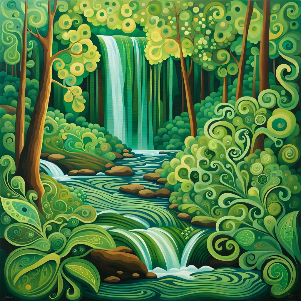 Abstract Waterfall Painting with Paisley Patterns