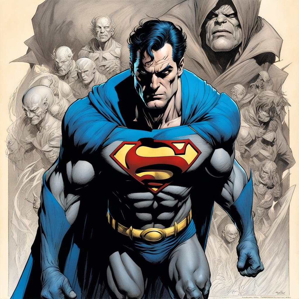 Superman evil, mind controlled, crushing, batman. Bernie Wrightson Gerald Brom Thomas Kinkade WLOP Pino Daeni yellow and...