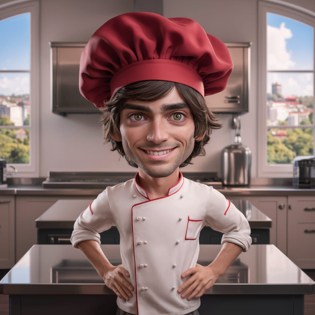 Smiling Young Chef in Red Hat in Modern Kitchen