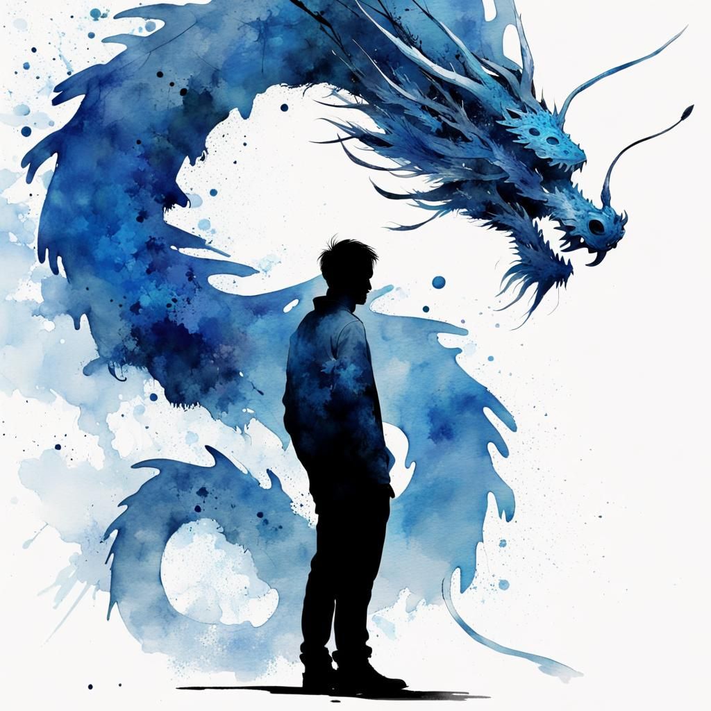 Man and Dragon Silhouette in Watercolor Splash Art