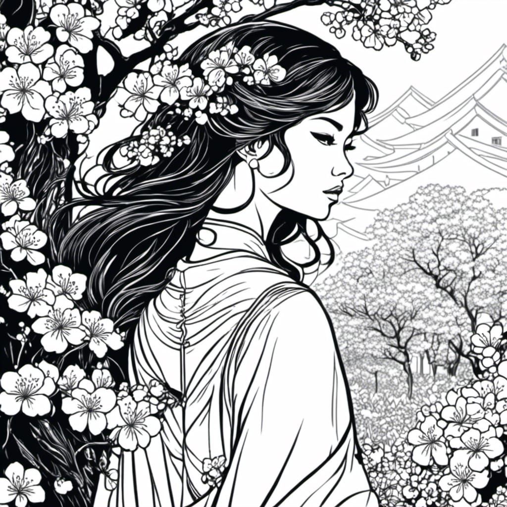 Girl in Cherry Blossom Garden: Coloring Book Illustration
