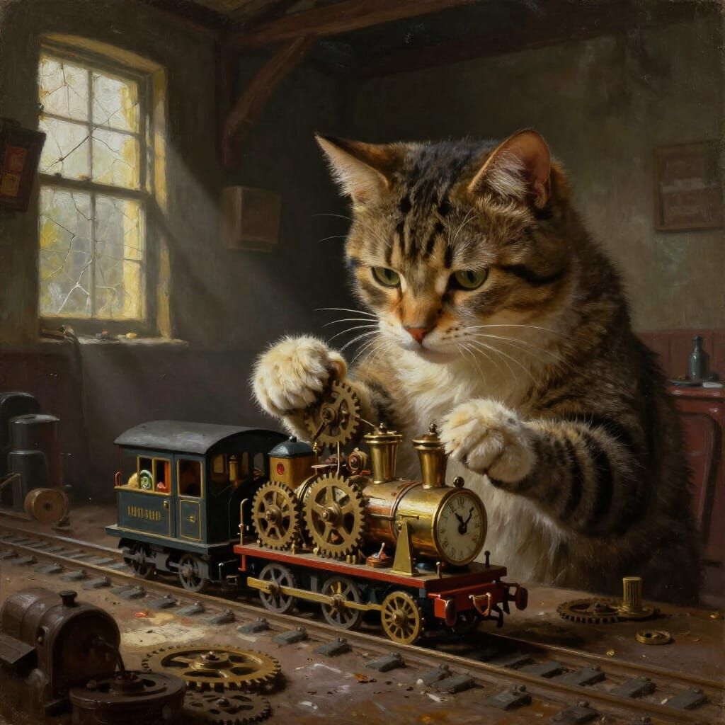 Cat Assembling Clockwork Train in Abandoned Station Oil Pain...