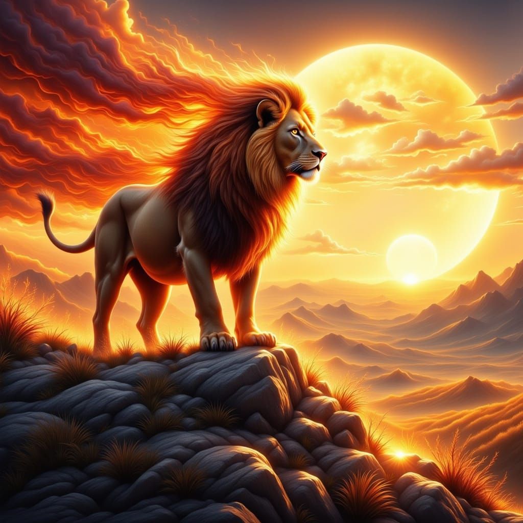 Majestic Lion with Fiery Mane Overlooking Savannah