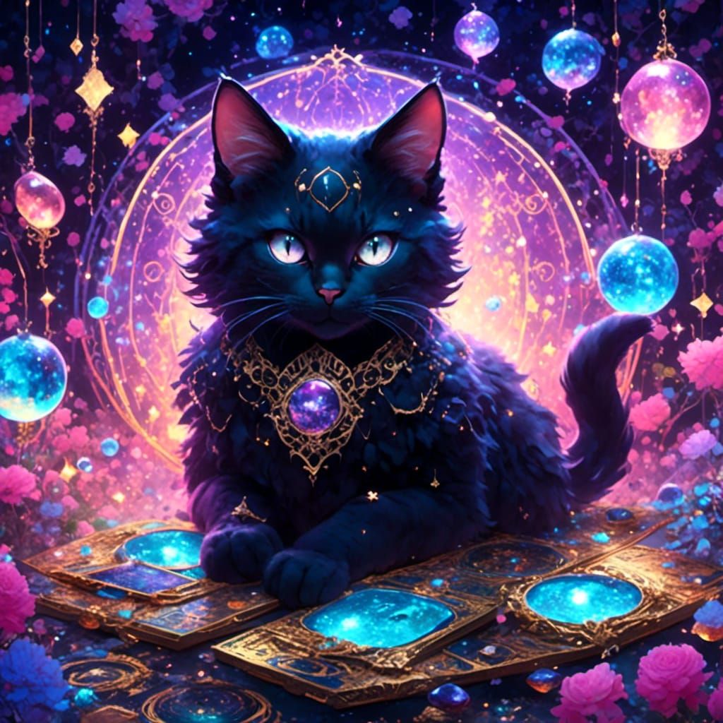 Mystical Cat Gazing at Tarot Cards