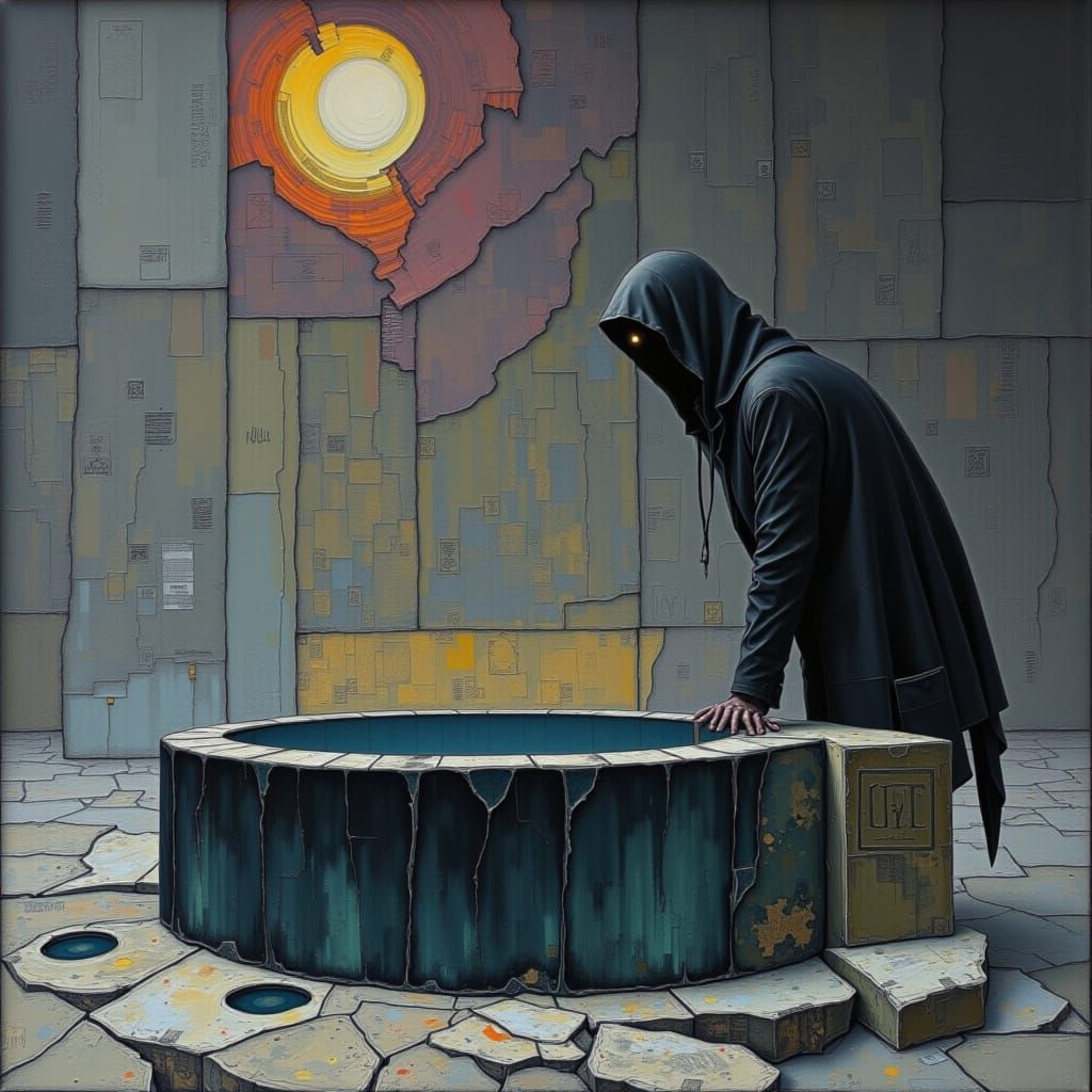 Static Well with Cloaked Figure in Plaza