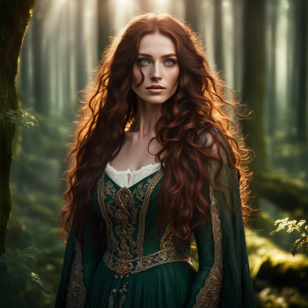 Beautiful Brunette with Wavy Hair in Misty Woodland