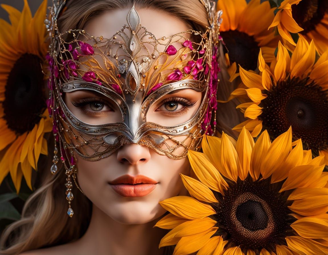 Woman in Avant-Garde Mask with Sunflower Portrait